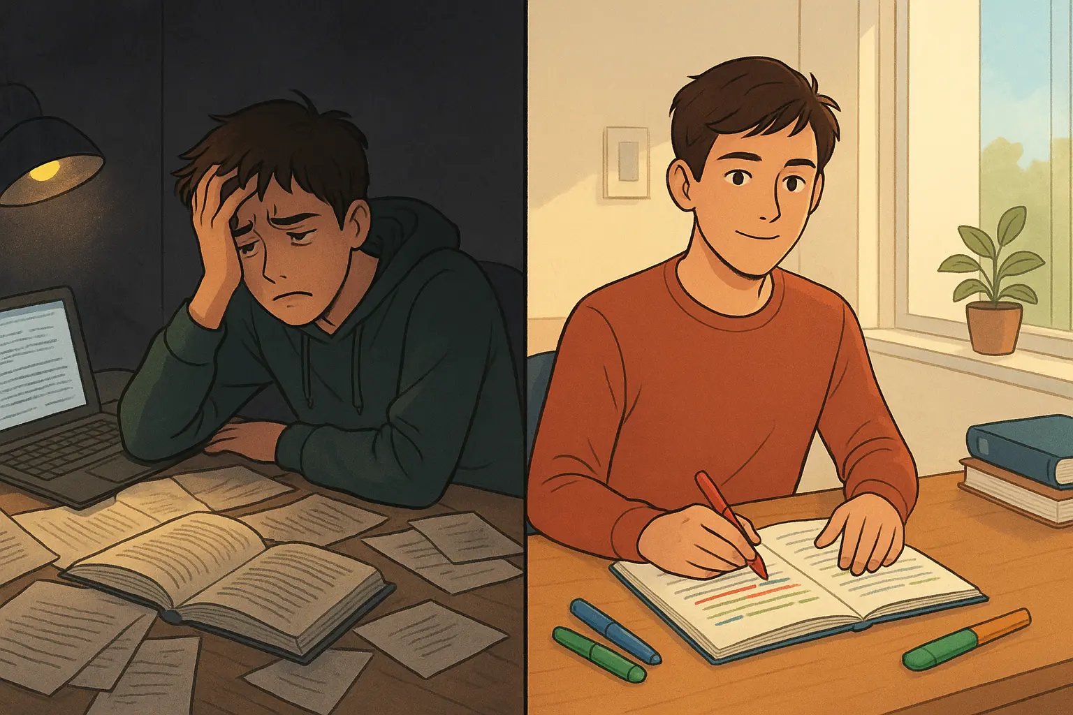 University student at organised desk using coloured highlighters to categorise study notes, looking calm and focused in natural light.