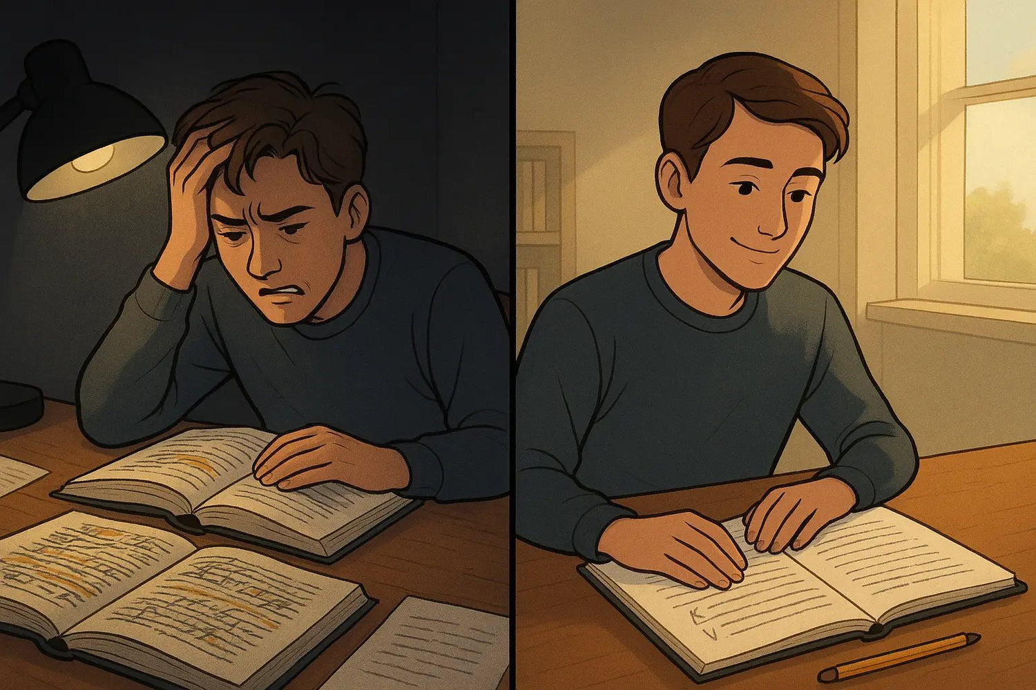 Split panel showing a student's transformation from frustrated with messy notes to calm with organised K and V tagged notes