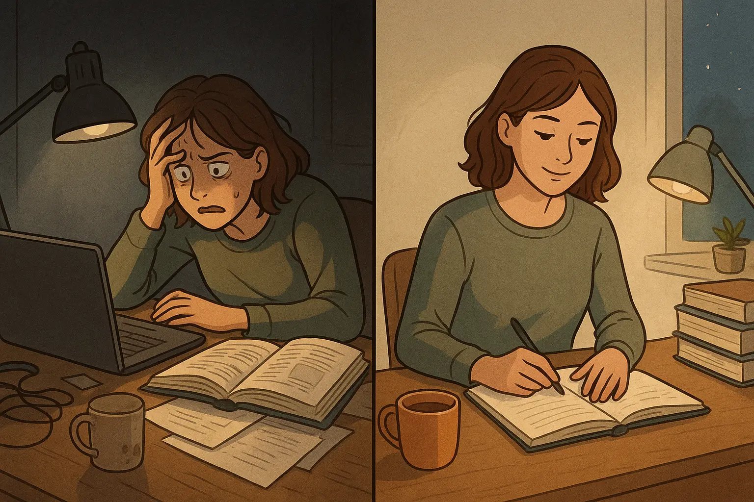 University student writing in planner at organised desk with calm, focused expression and warm lighting