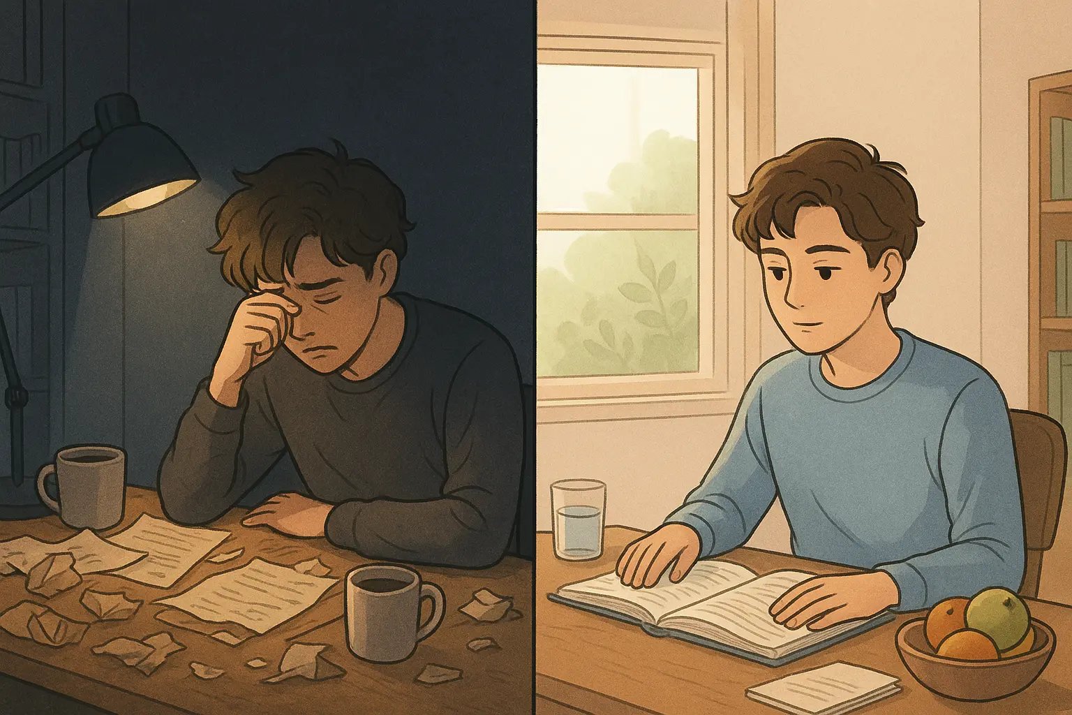 Split-panel illustration showing a stressed student studying late with junk food transforming into a calm, focused student in a bright, organised space with healthy food.