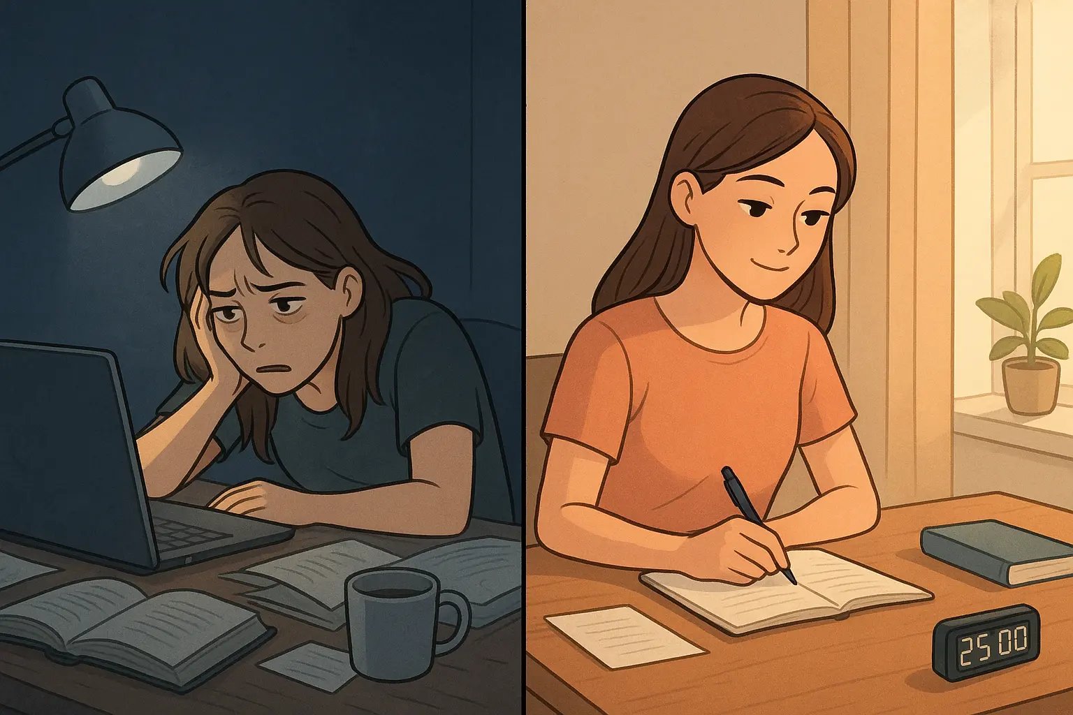 Split panel showing student transformation: overwhelmed at messy desk versus calm and focused with organised workspace using study timer