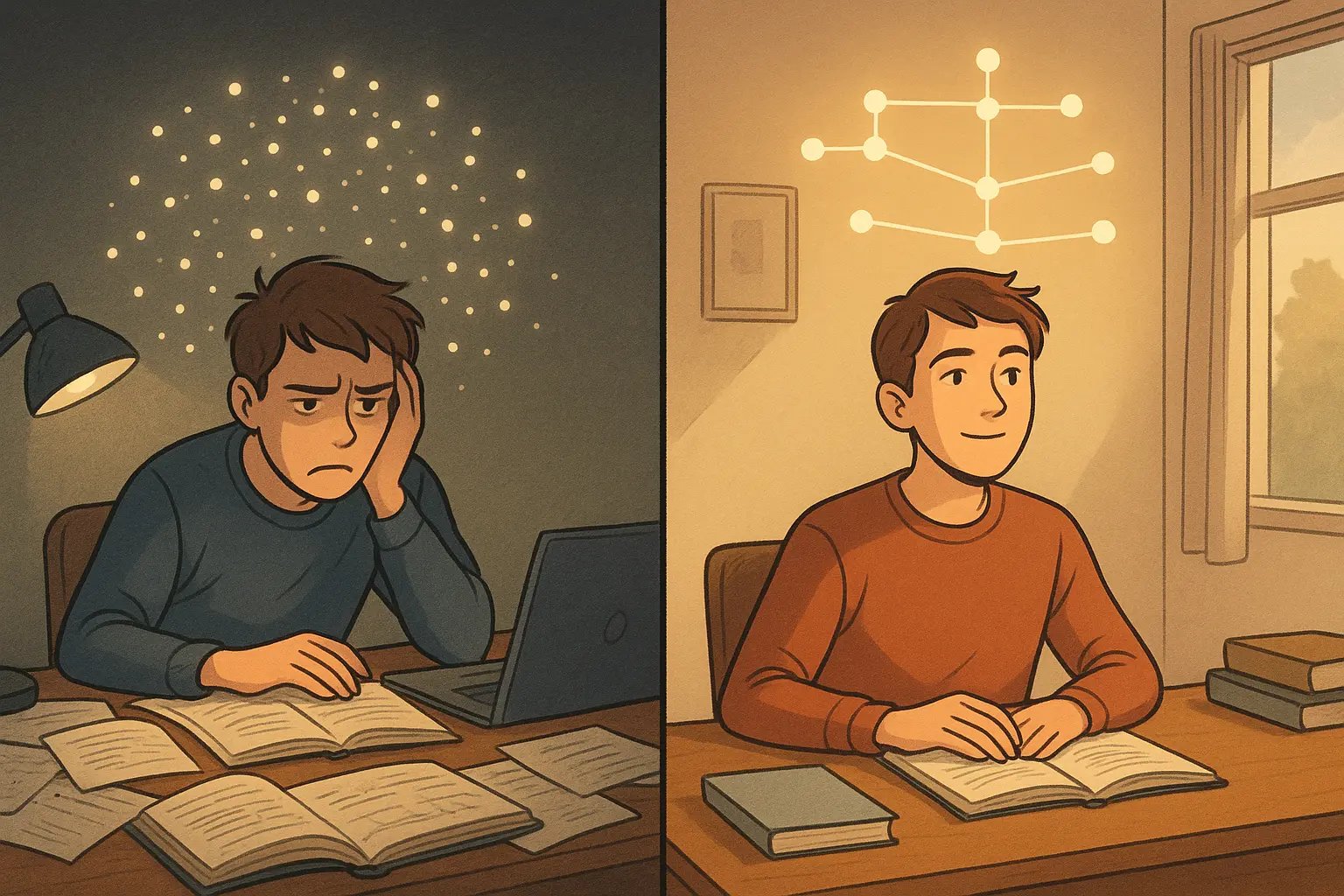 Student transformation from cluttered desk with scattered notes to organised workspace with clear mental map of connected ideas