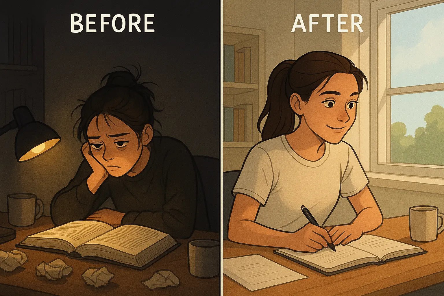 Split-panel illustration showing a student's transformation from frustrated late-night cramming to confident, organised morning study using the SQ3R method.