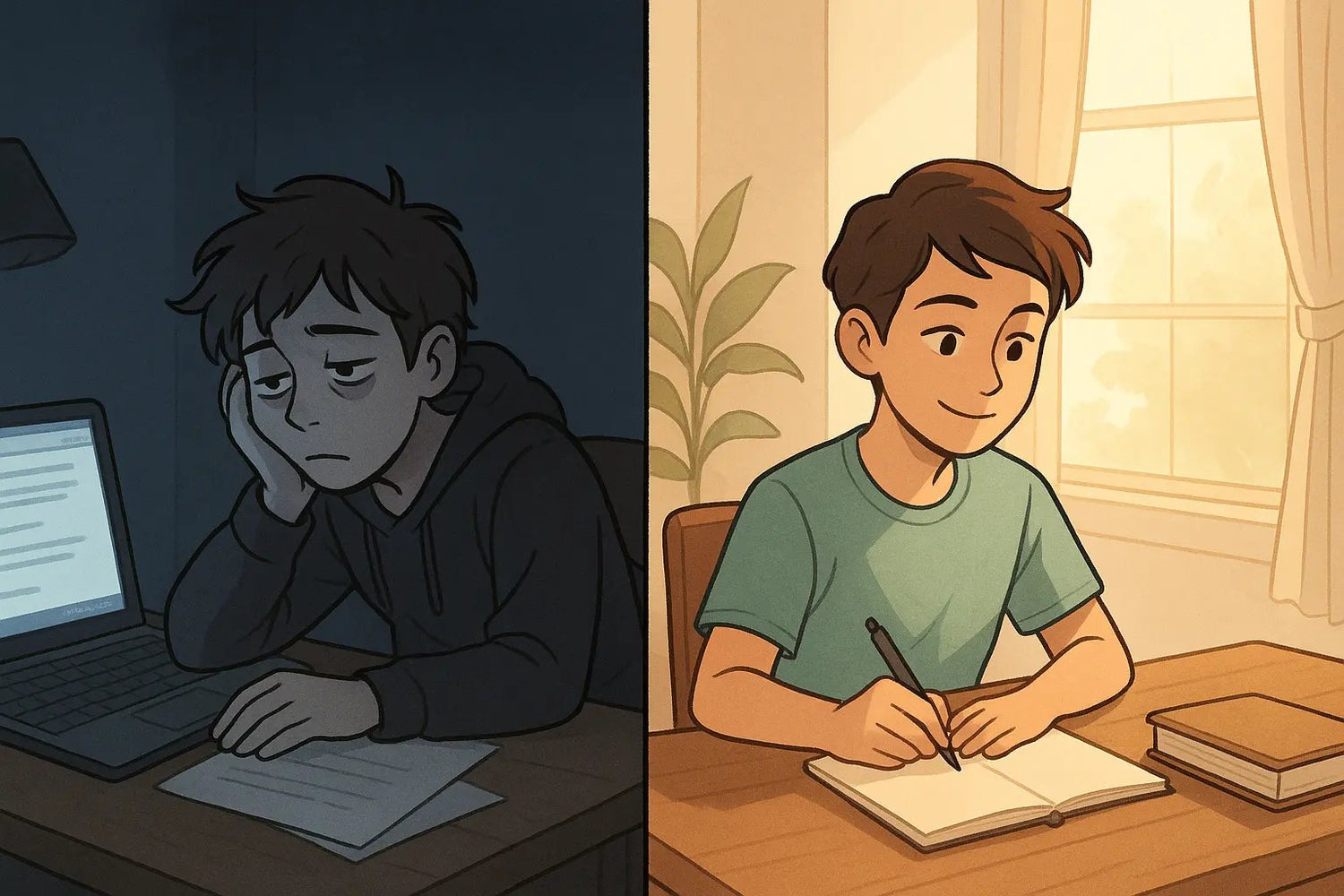 Student transforms from passive late-night studying to active morning learning with focused problem-solving and natural light