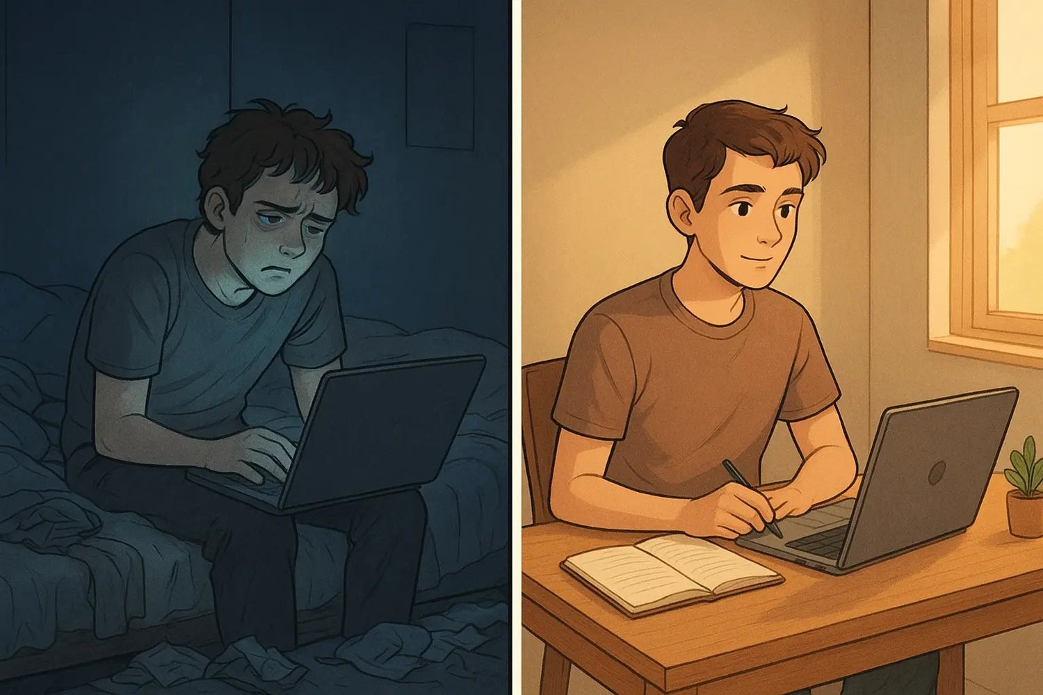 Split panel showing student's transformation from struggling in messy bedroom to focused studying at organised desk with natural light