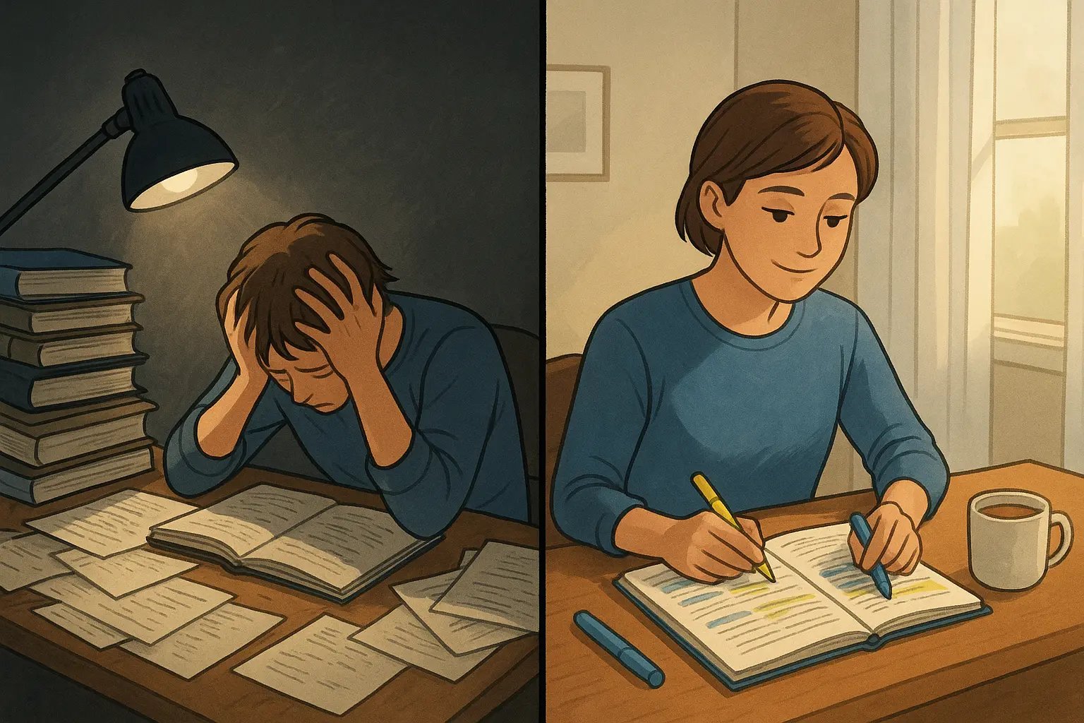 Before-and-after illustration showing a student transforming from stressed and disorganised to calm and focused using colour-coded study planning.