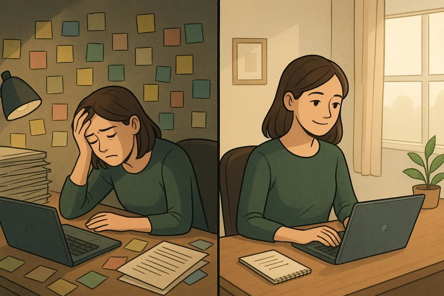 Split-panel illustration showing a woman's transformation from a cluttered, overwhelming desk to a calm, organised workspace with just three clear priorities.