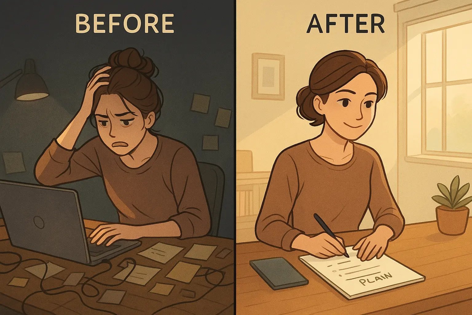 Split-panel illustration showing a woman at her desk: before (overwhelmed, cluttered) and after (calm, organised with a clear plan).