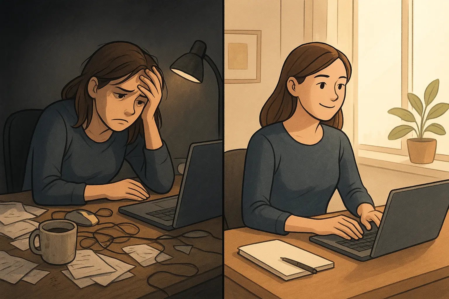 Split-panel showing a woman transforming her cluttered desk into an organised focus zone, moving from overwhelmed to calm and productive.
