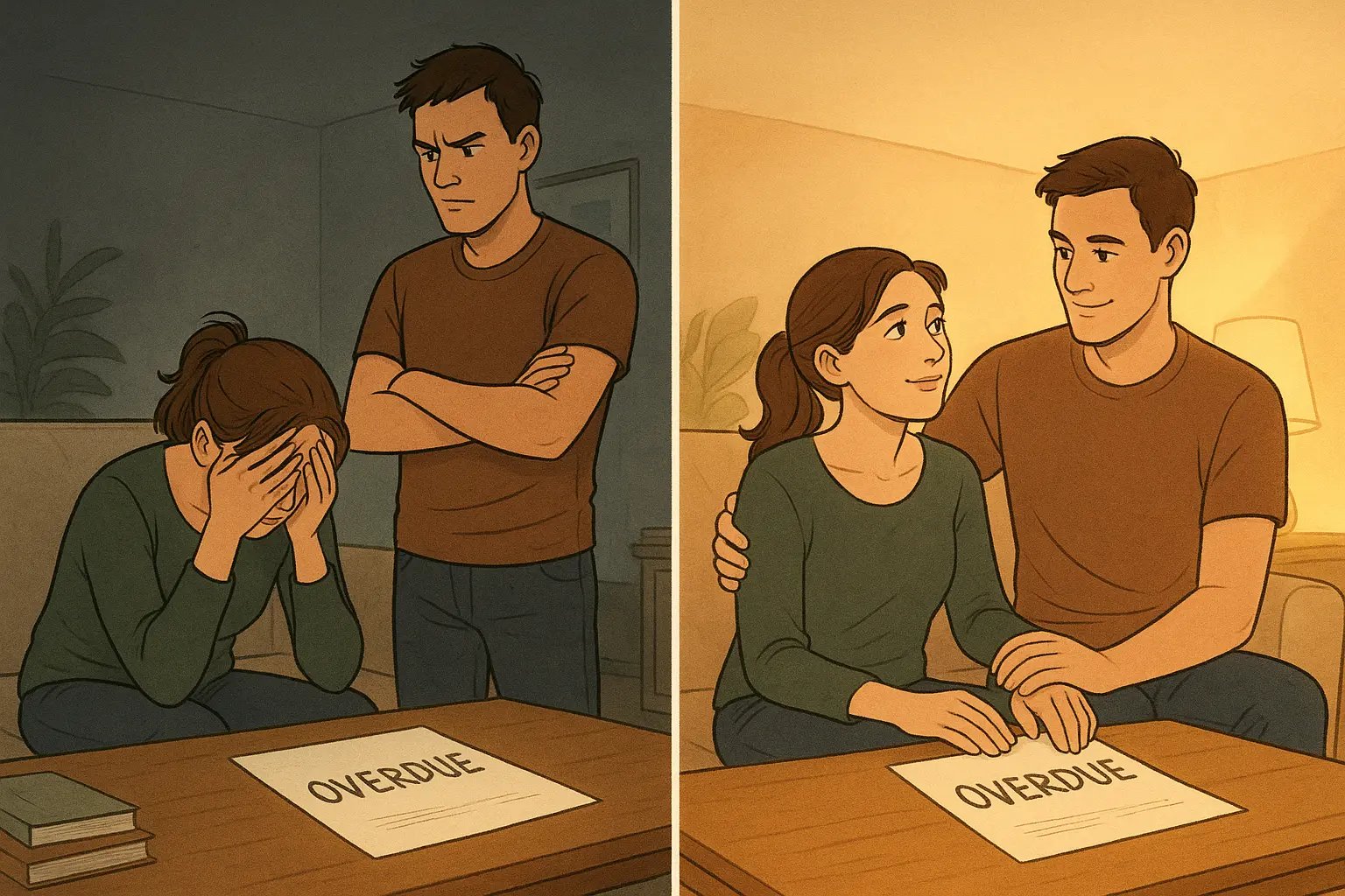 Split panel showing a couple's transformation from conflict to teamwork over a bill, illustrating the power of supportive communication