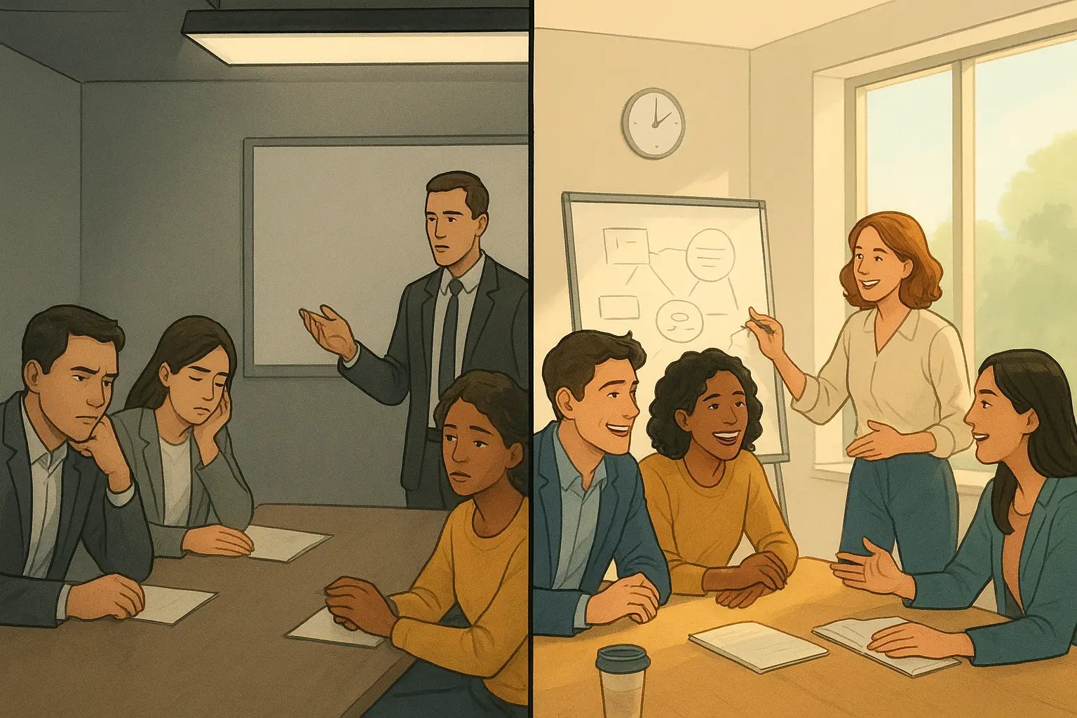 Split illustration showing a dull meeting transforming into a vibrant collaborative discussion with engaged team members