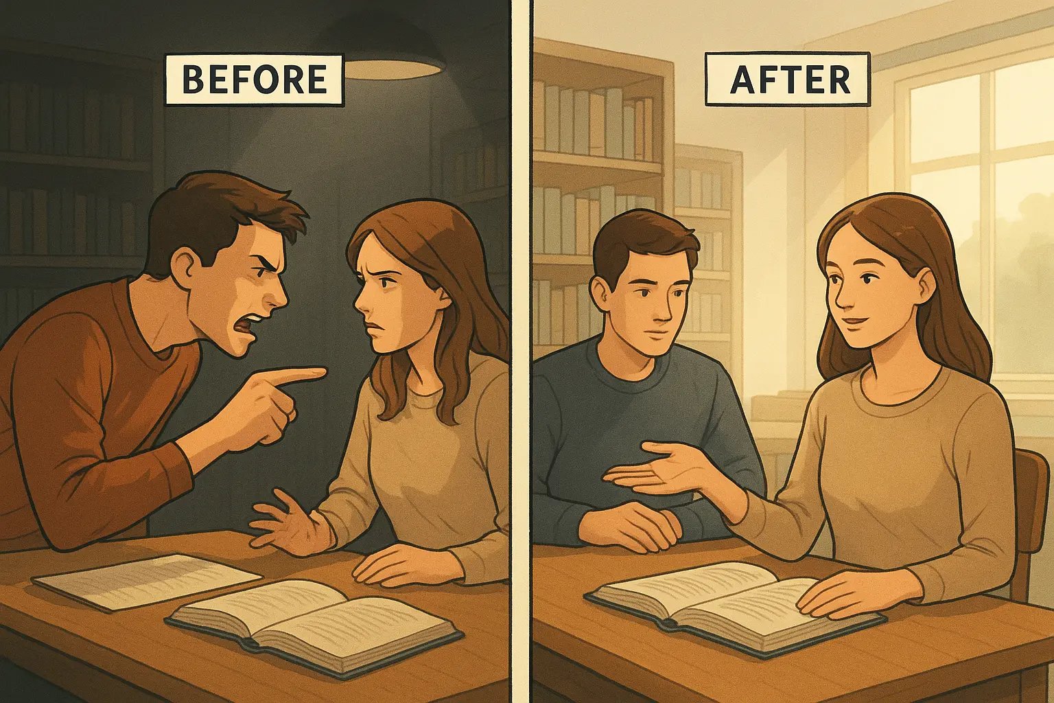 Two students at a library table transform from tense argument to calm, productive discussion over a textbook