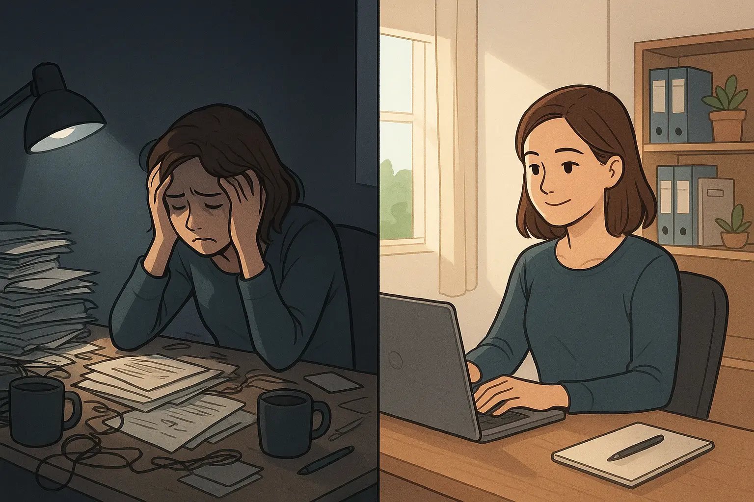 Before and after workspace transformation showing a woman's desk changing from cluttered chaos to clean, organised calm