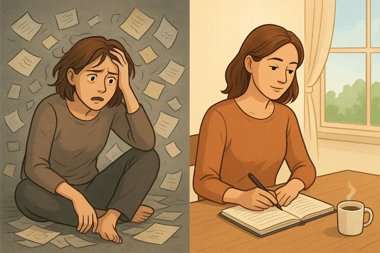 Woman calmly reviewing an organised journal at a tidy desk beside a window, embodying a peaceful weekly mood tracking ritual