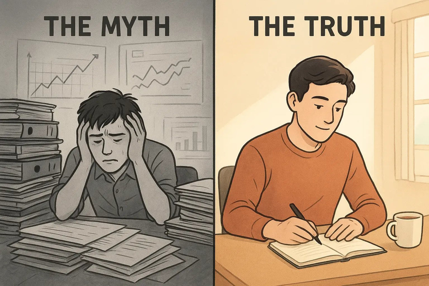Side-by-side comparison showing stressed person with paperwork versus calm person with notebook and tea during weekly review