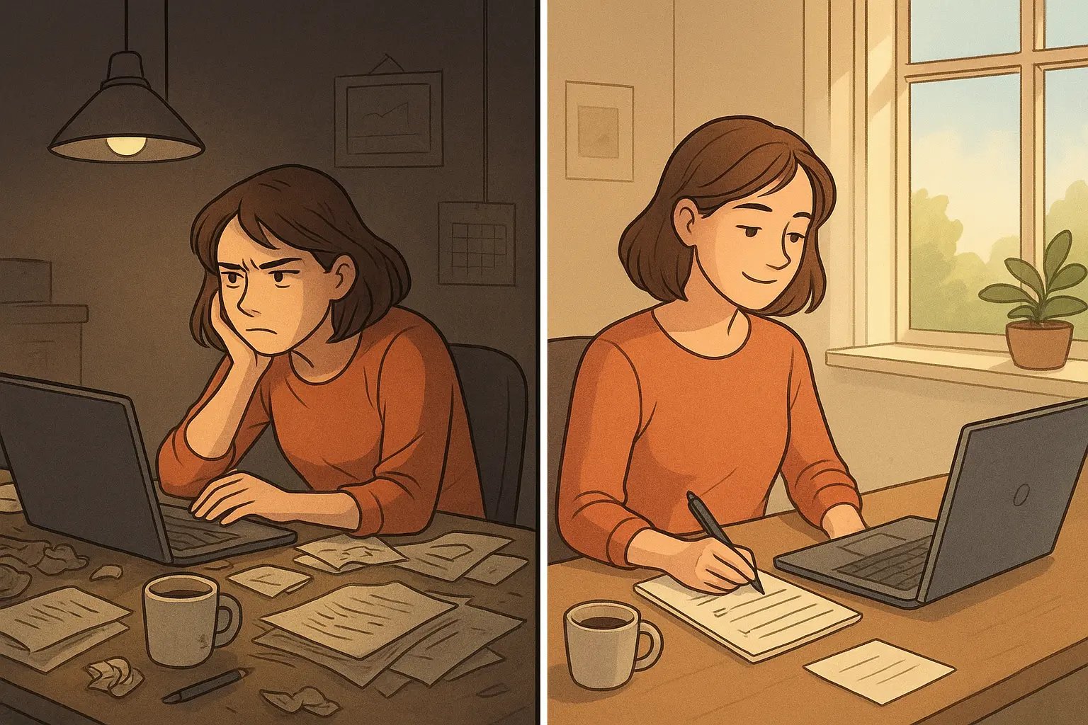 Split panel showing a woman's transformation from overwhelmed at a messy desk to calm and focused using a simple checklist in a tidy workspace