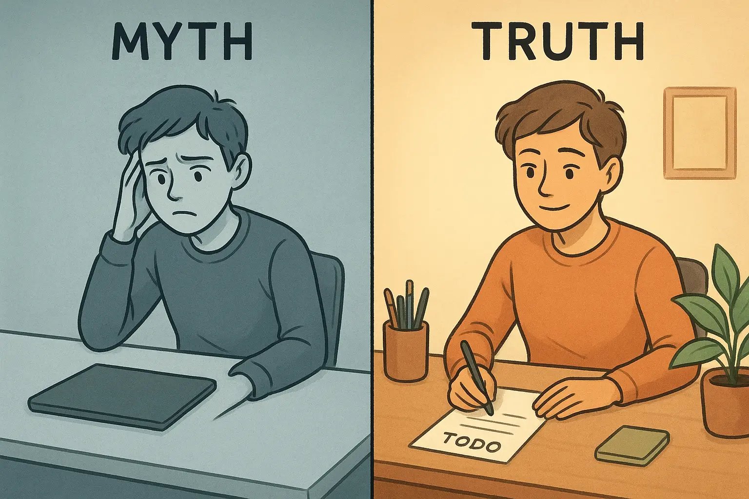 Side-by-side comparison of a sterile empty desk causing stress versus a functional organised desk promoting calm focus.