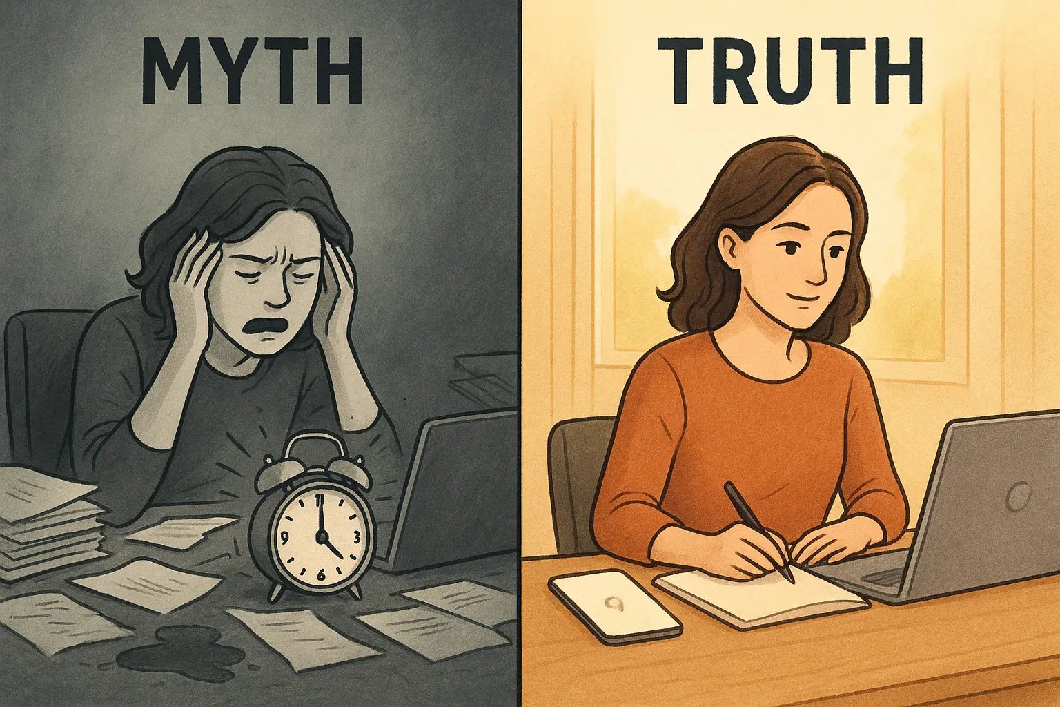 Side-by-side illustration showing stressed alarm use versus calm, focused alarm use as a neurodivergent tool