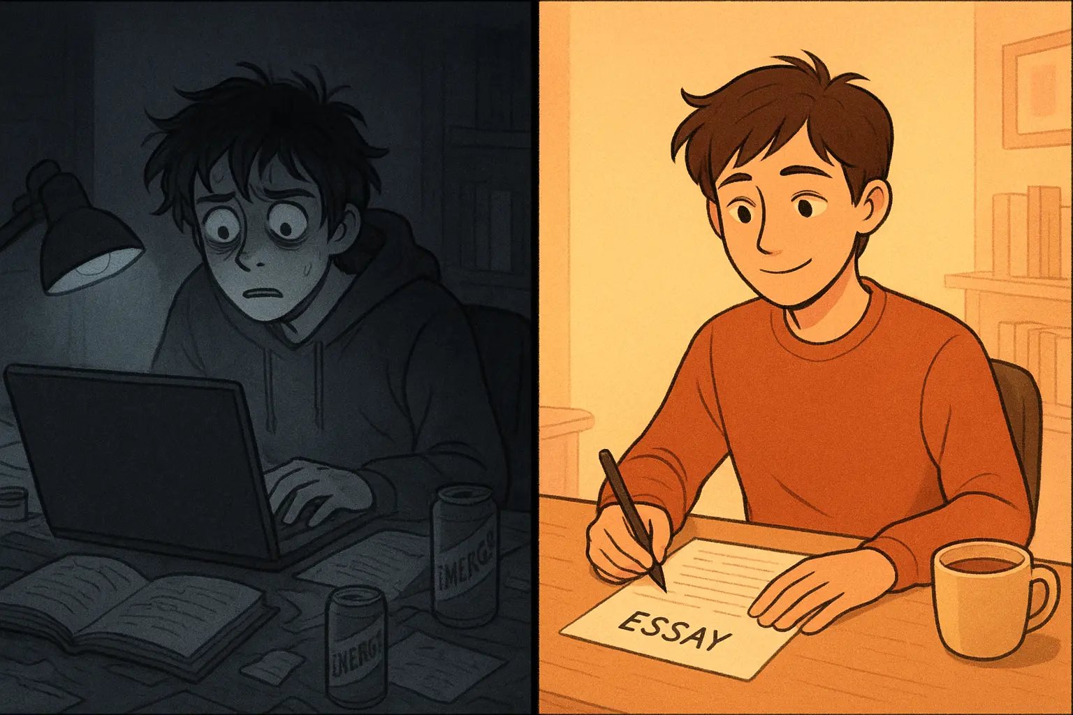 Split illustration showing stressed student during chaotic all-nighter versus calm student confidently polishing completed essay