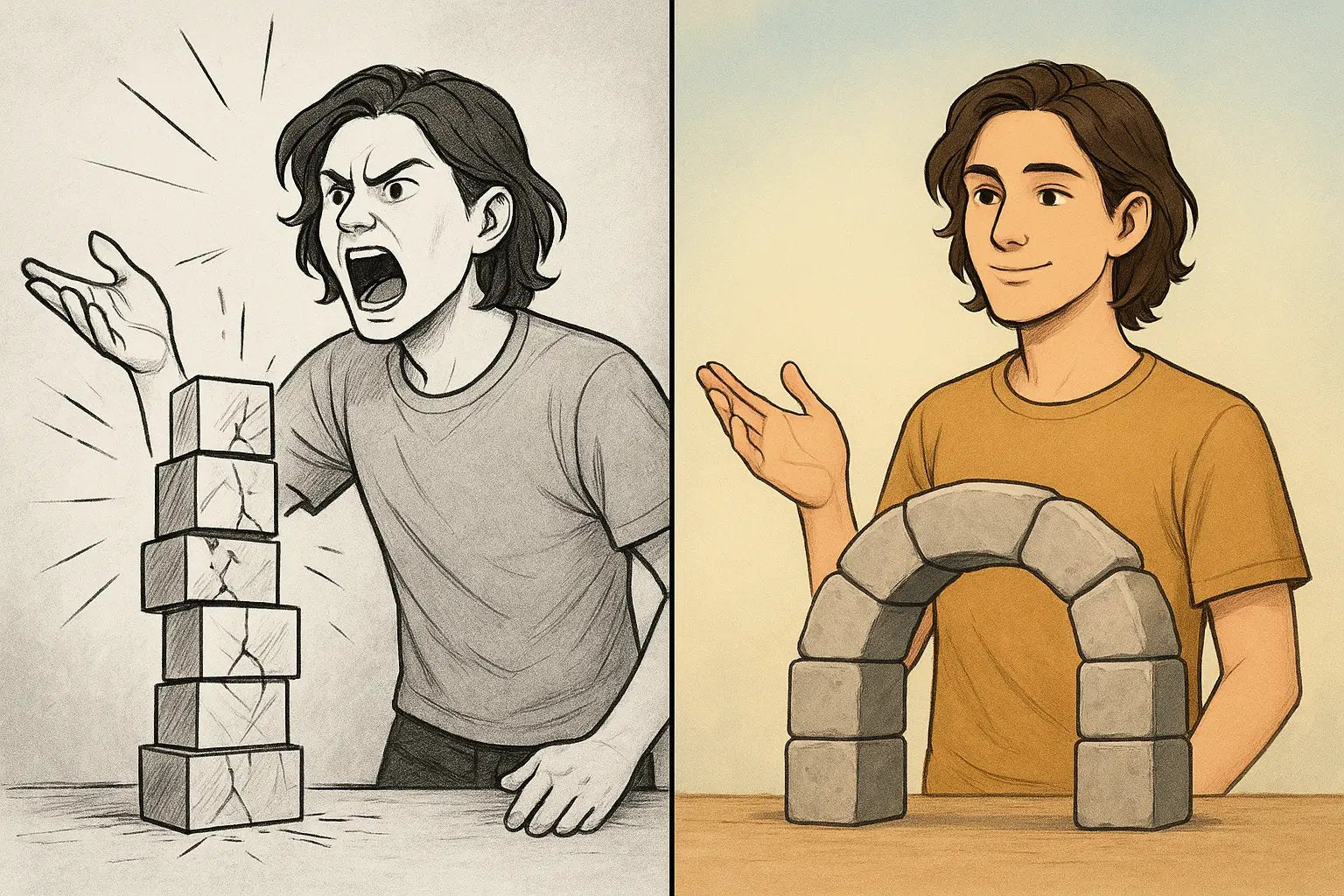 Student presenting argument visualised as cracking glass tower versus solid stone archway, showing fragile absolute claims versus credible qualified reasoning