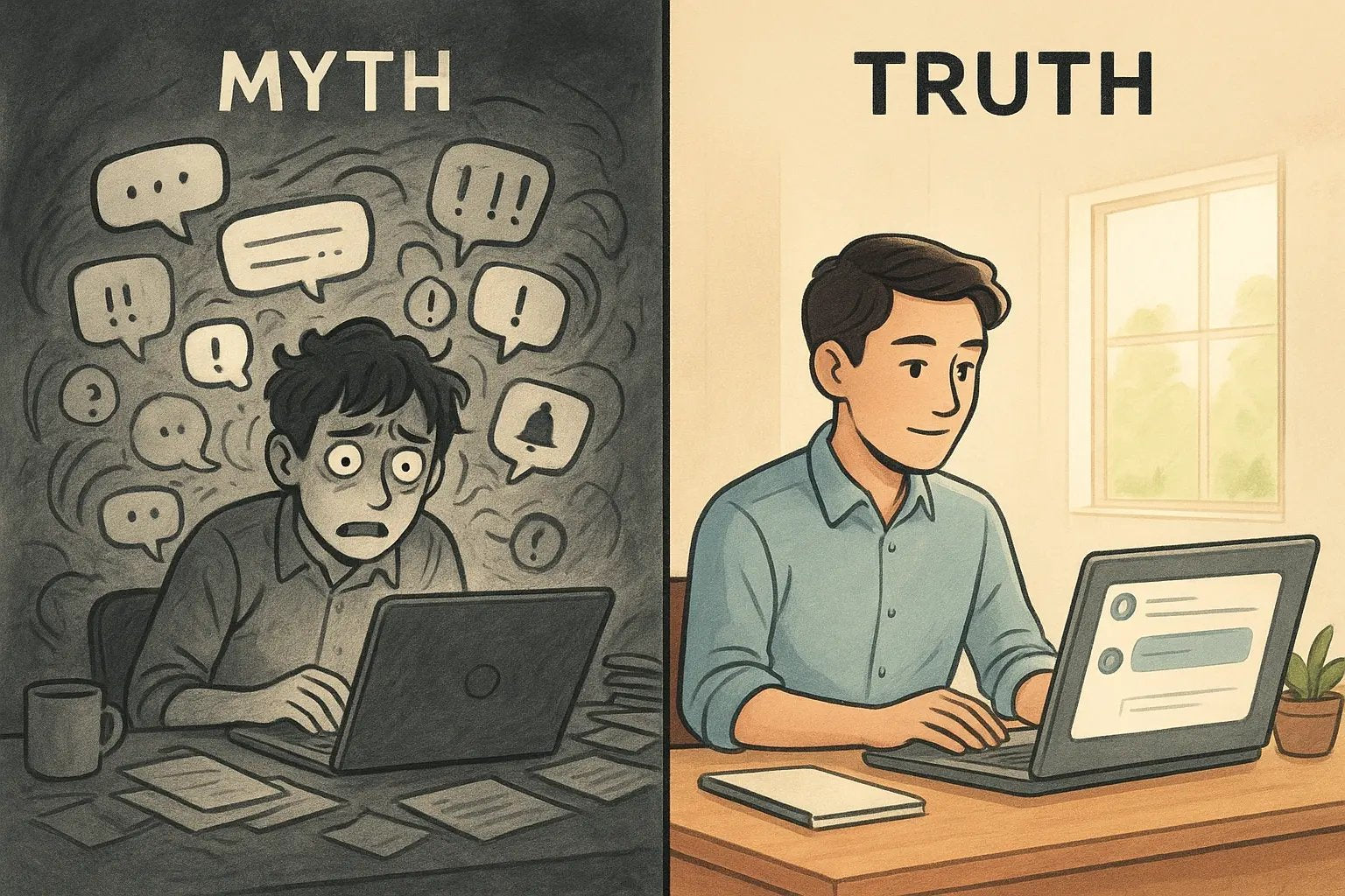 Split comparison showing chaotic group chat notifications versus calm, scheduled chat use for better workplace focus