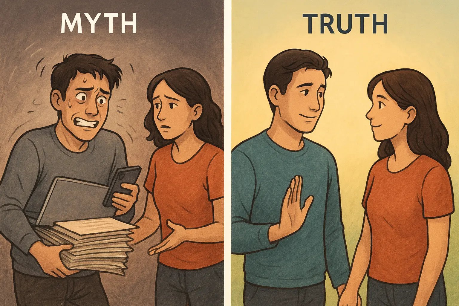 Side-by-side illustration showing a stressed man people-pleasing versus the same man calmly saying no, building trust through honest boundaries.