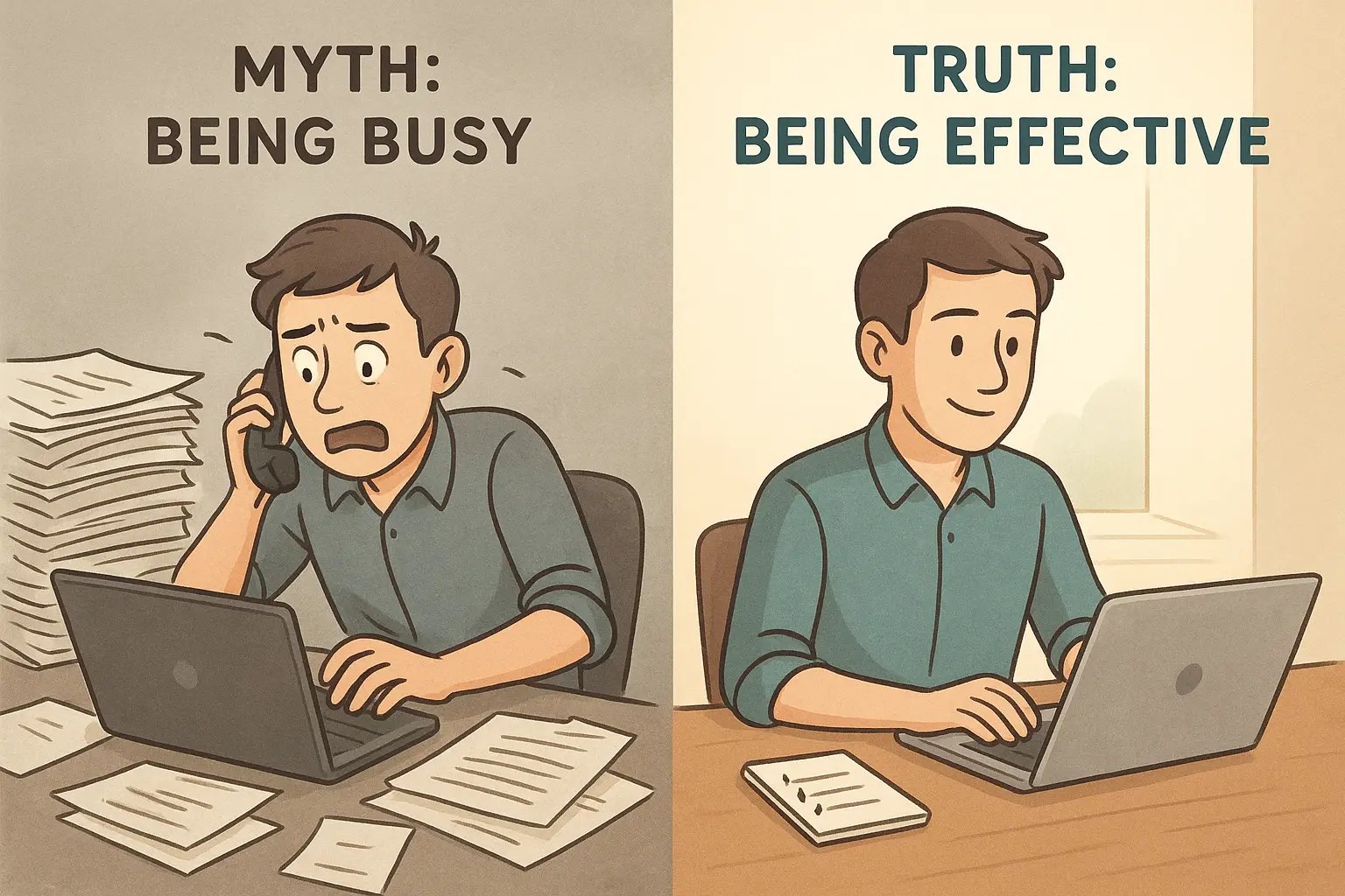 Side-by-side comparison showing a stressed person juggling tasks versus the same person calmly focused on priorities
