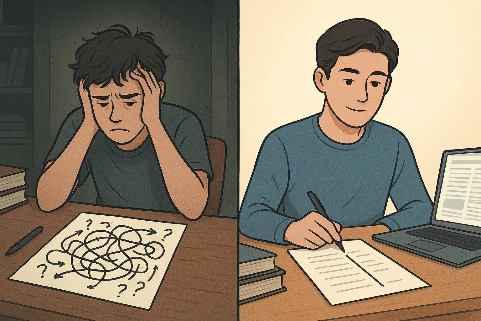 Student comparing messy tangled sources on left with clear direct line to organised sources on right, showing academic referencing clarity