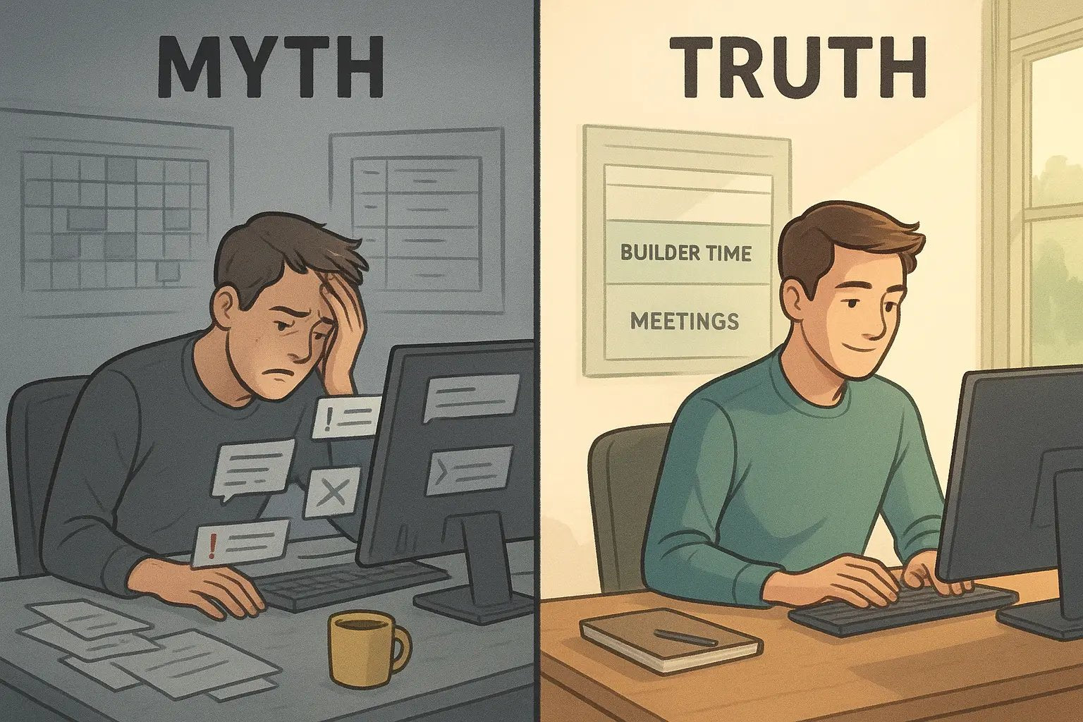 Split screen showing stressed man at cluttered desk with scattered meetings versus calm, focused man with organised calendar blocks.