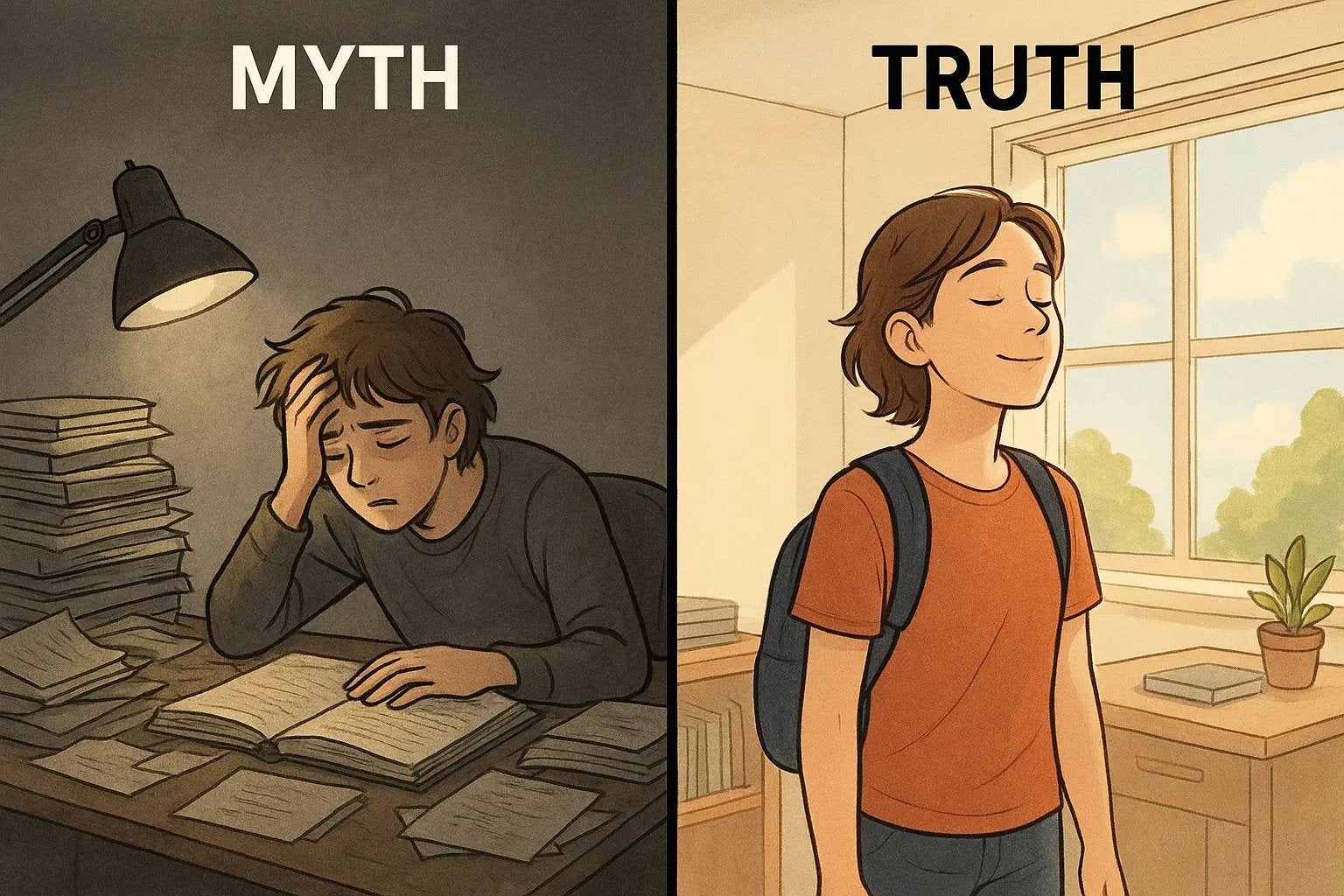 A student transitioning from exhausted cramming to taking a calm, mindful break in bright, organised surroundings.