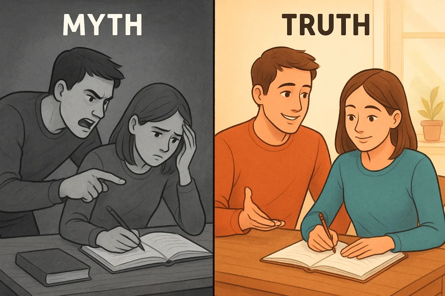 Side-by-side comparison of frustrated criticism versus calm coaching during homework, illustrating the supportive approach for neurodivergent learning
