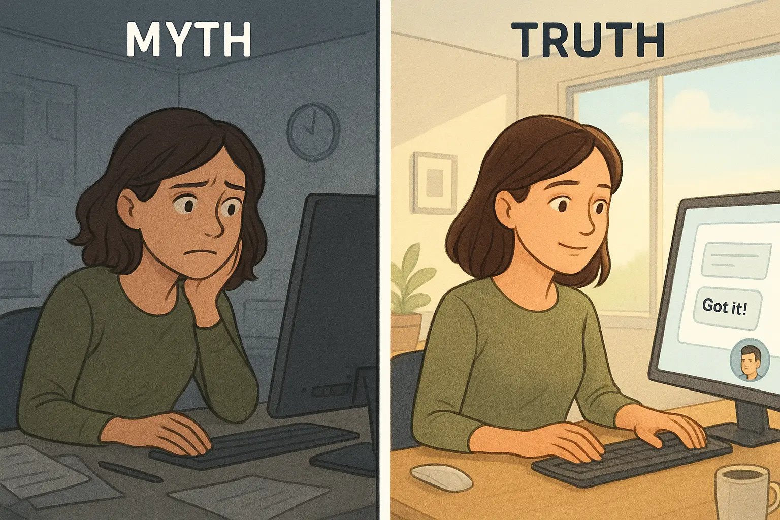 Side-by-side illustration showing anxious worker waiting for reply versus calm worker receiving clear acknowledgment message