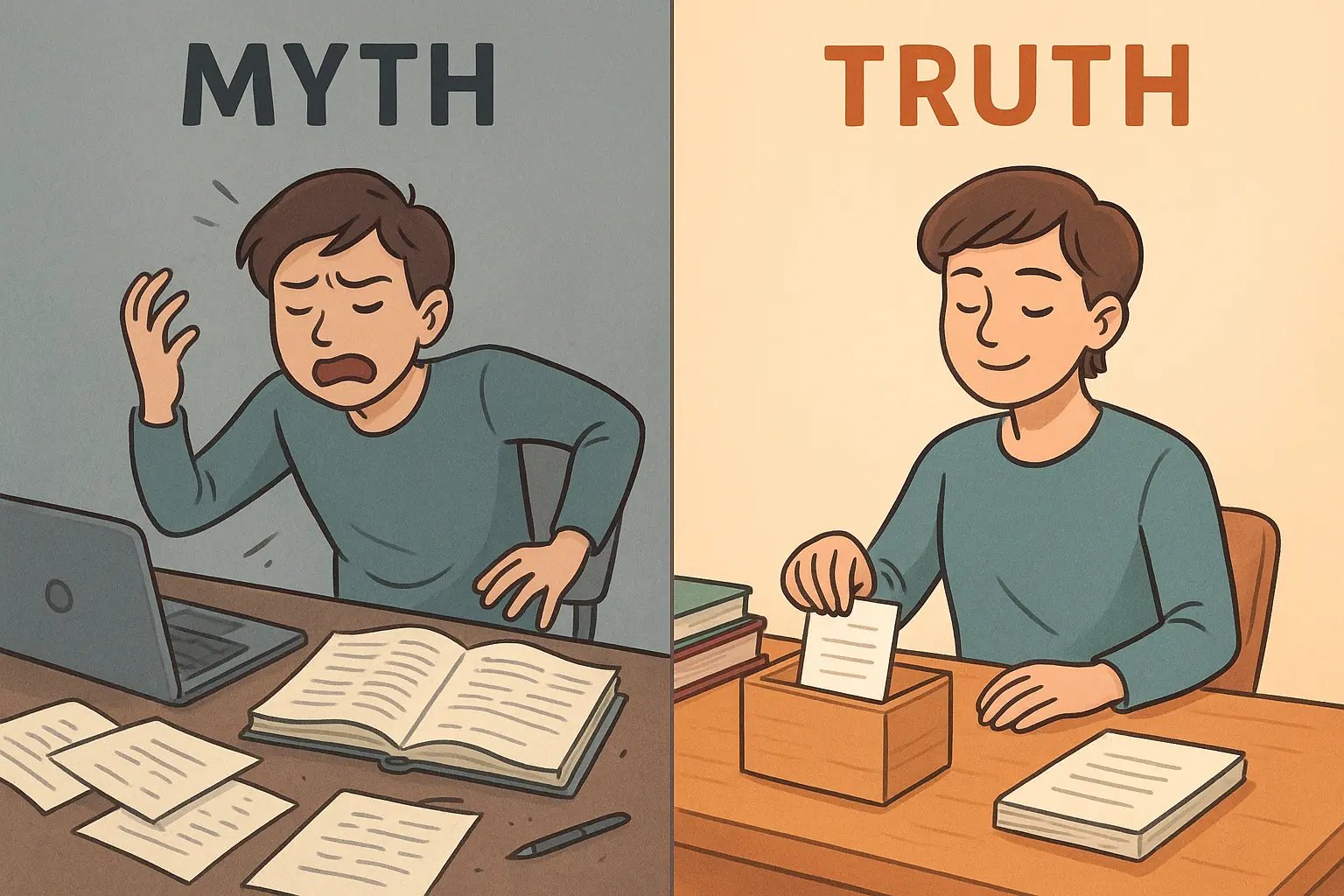 Comparison of a stressed student leaving a messy desk versus a calm student organising their workspace for an easy restart.