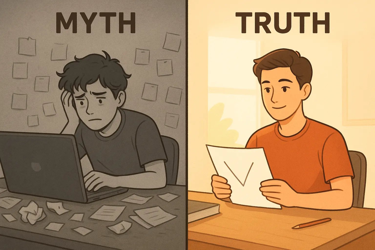 Student sitting calmly at tidy desk holding V-shaped decision-making diagram in bright natural light