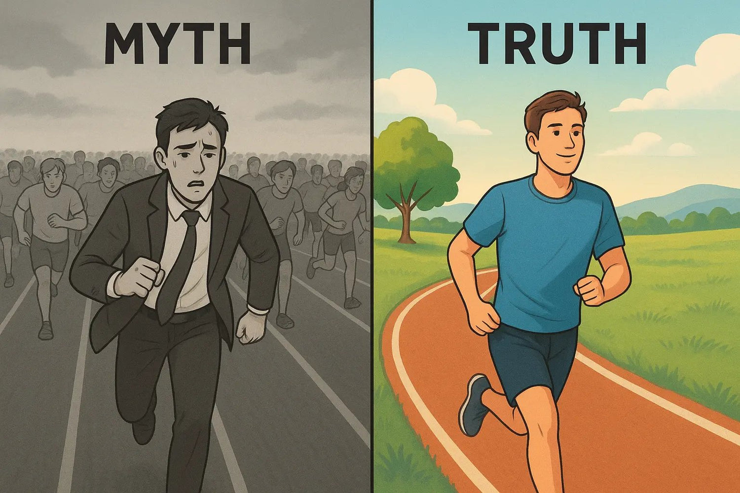 Side-by-side illustration showing a stressed person in a crowded race versus the same person thriving confidently in their own serene, specialised lane.