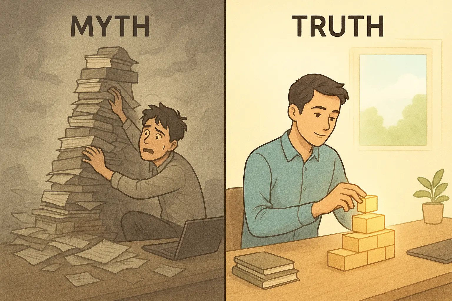 A stressed man climbing a chaotic mountain of papers contrasted with the same man calmly building a stable staircase one block at a time.