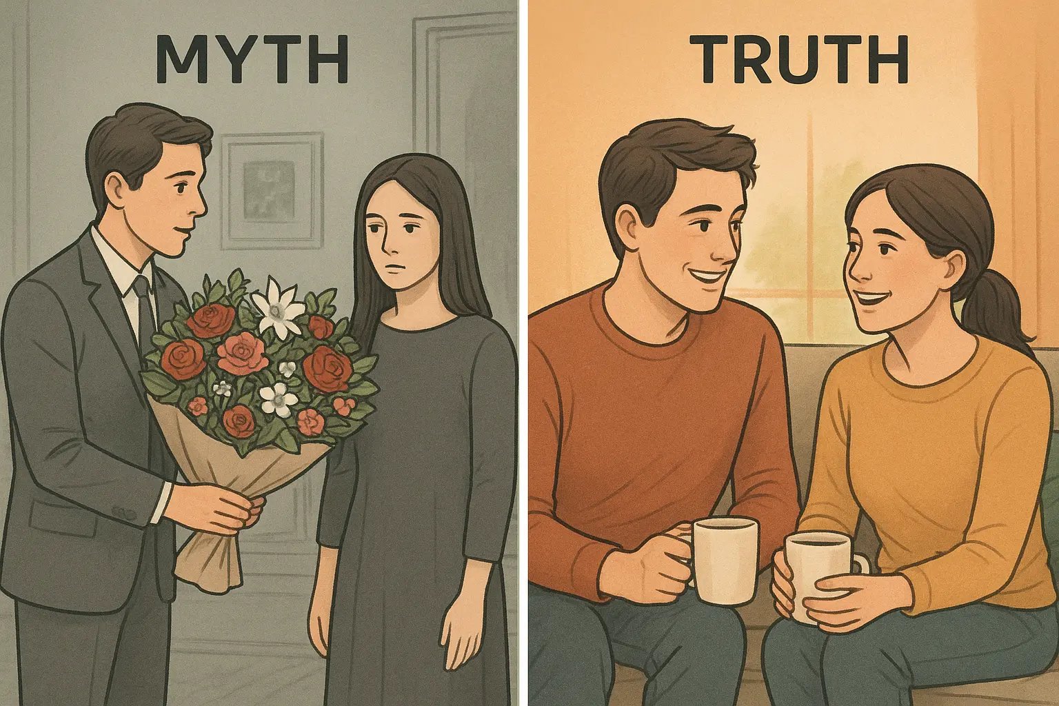 Side-by-side comparison showing a distant couple with grand gesture versus the same couple connecting warmly over genuine appreciation