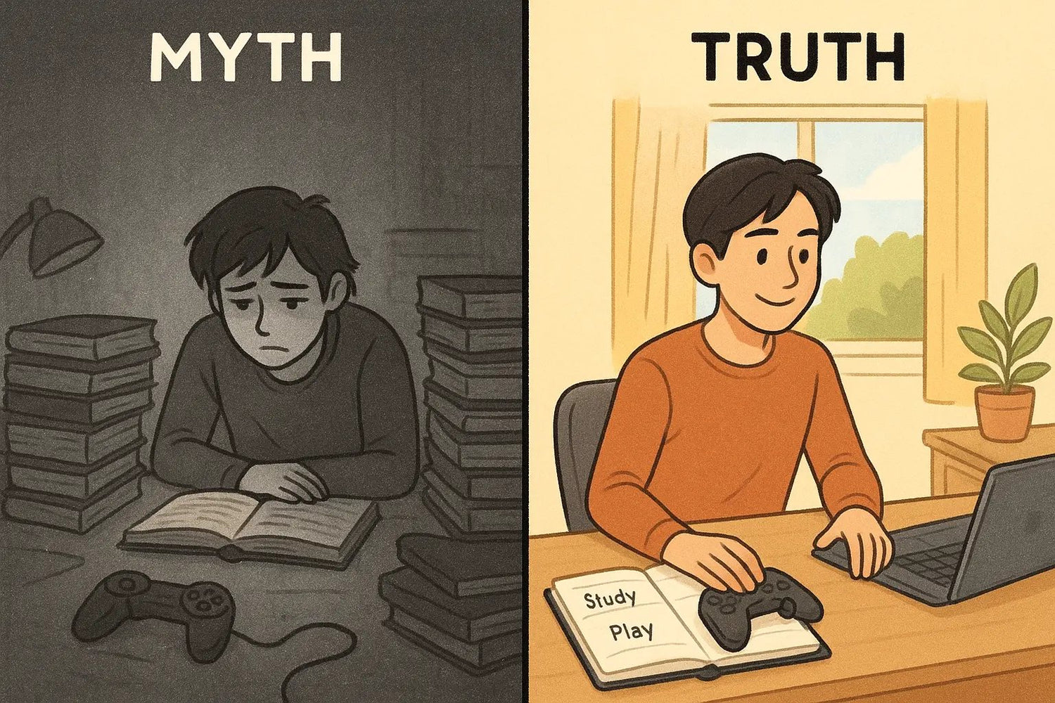 Side-by-side comparison showing an exhausted student in a dark room versus a calm student in a bright room reaching for a controller after scheduled work.