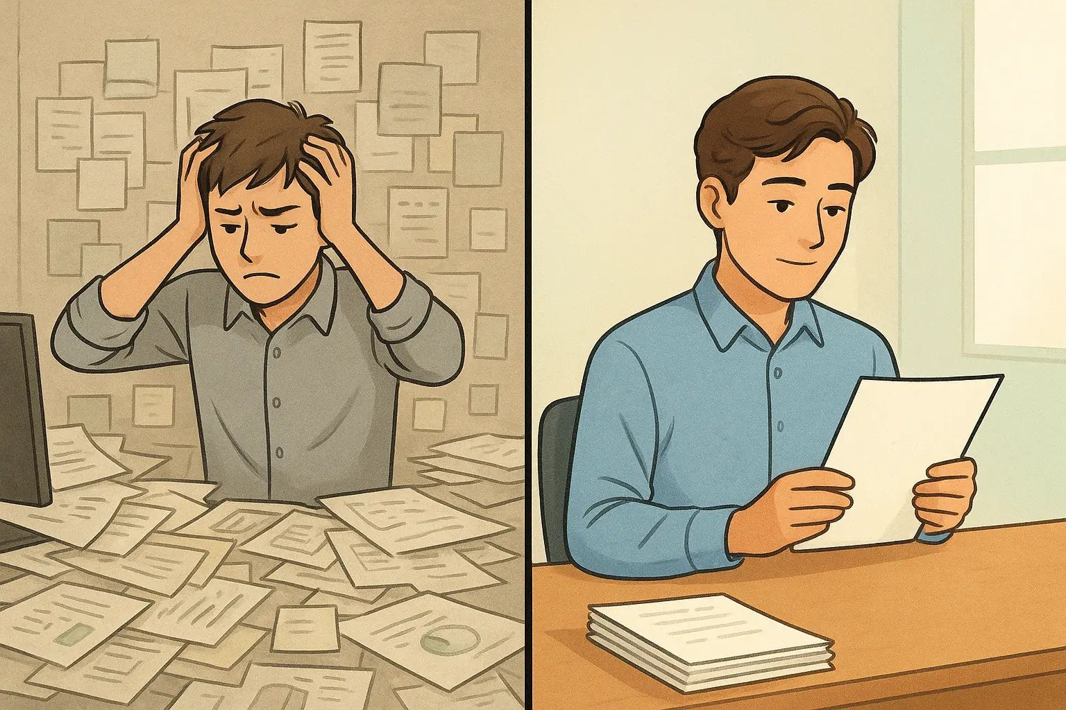Side-by-side comparison showing a stressed person at a cluttered desk versus the same person calm and focused at a clean desk