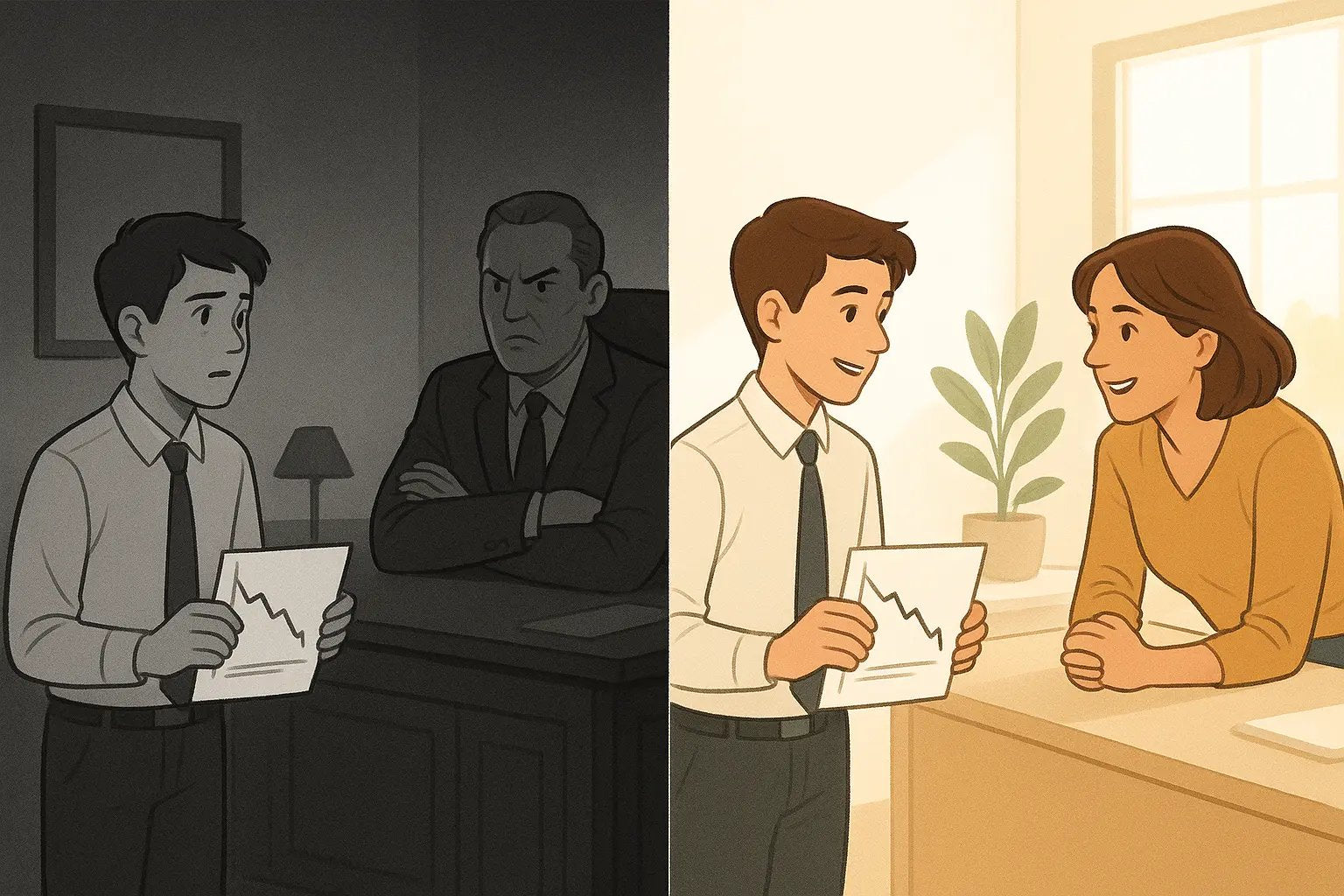 Side-by-side office scenes: left shows tense manager reacting angrily to bad news; right shows collaborative manager discussing the same news supportively