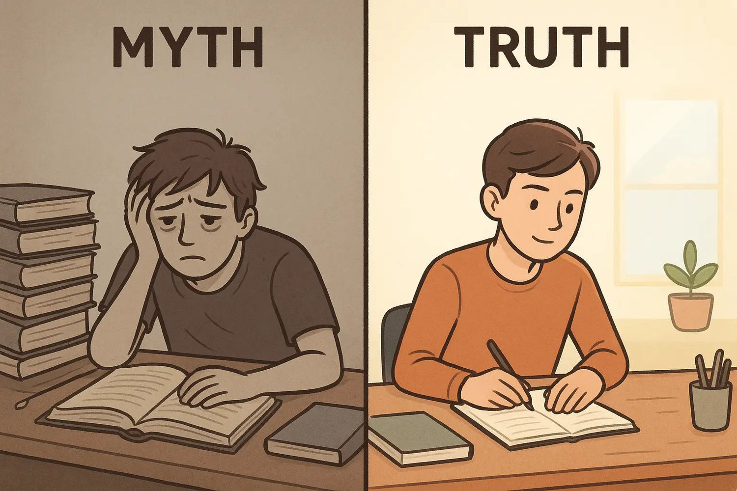 Split illustration comparing a defeated student saying 'I'll try' at a cluttered desk versus the same person asking 'How can I make this work?' at an organised workspace