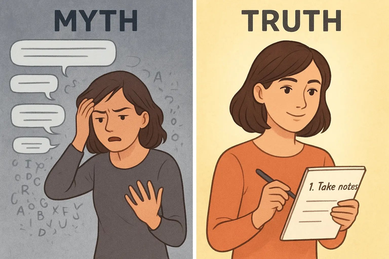 A woman calmly writes down clear instructions in a notepad, breaking tasks into manageable steps in a bright, organised setting.