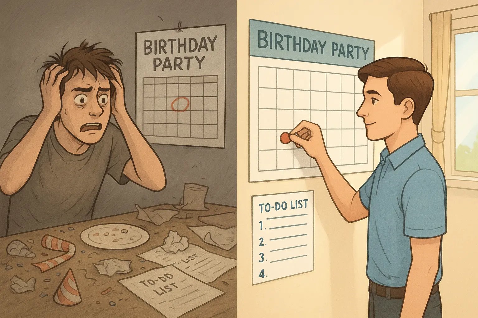 Side-by-side illustration showing stressed man with chaotic party planning versus calm planner with organised calendar and task list