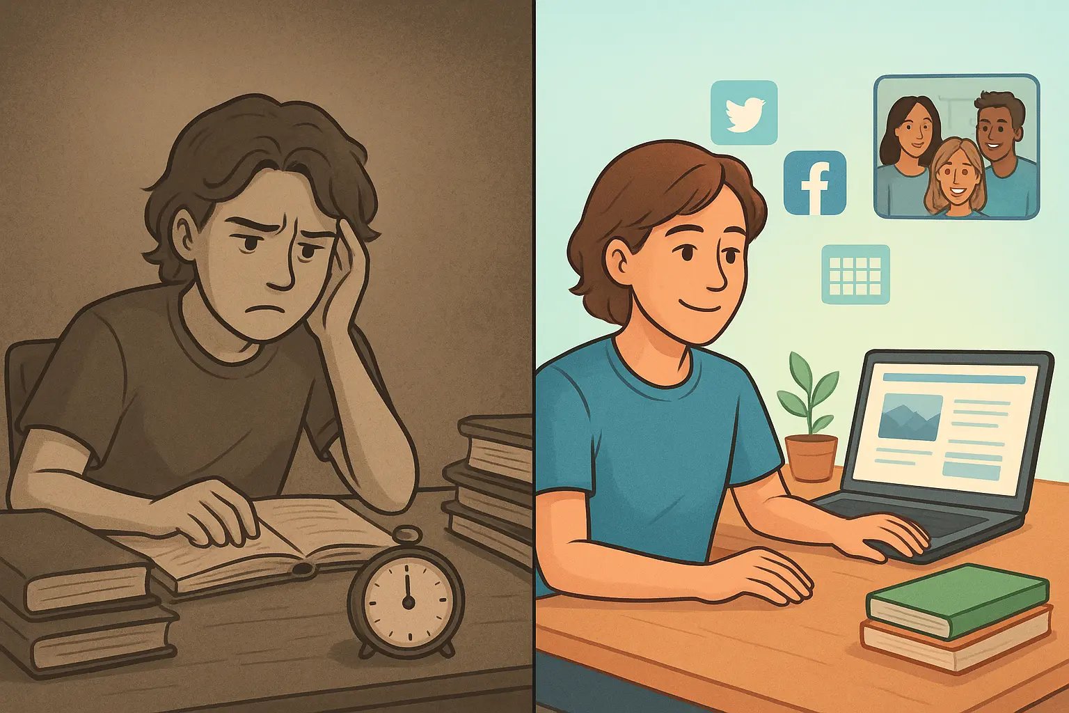 Split illustration showing a frustrated student alone with a timer versus a confident student connected to online Pomodoro community resources