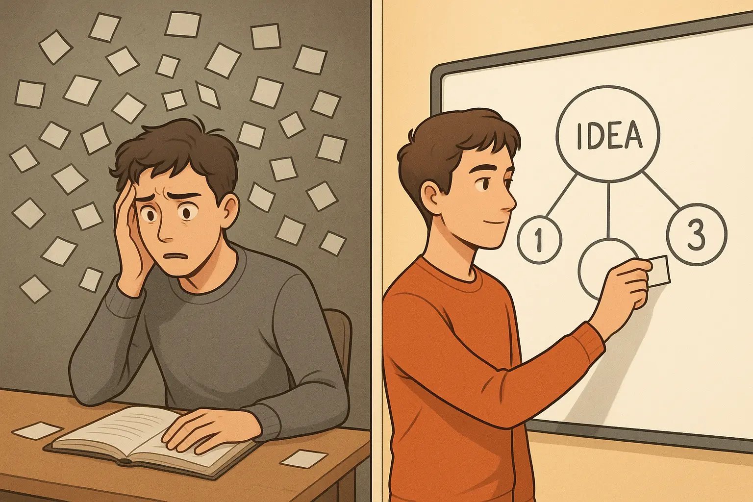 A stressed student surrounded by chaotic floating facts contrasted with a calm student organising information onto a clear mind map