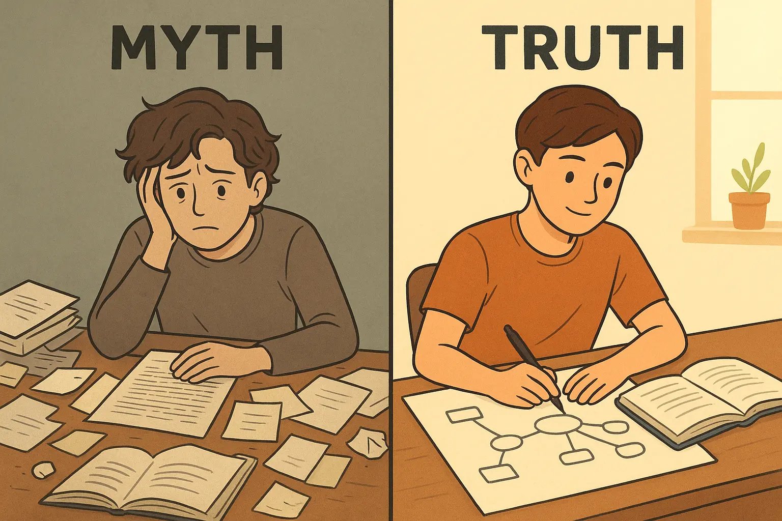 Split illustration comparing stressed student with scattered notes to calm student creating organised mind map