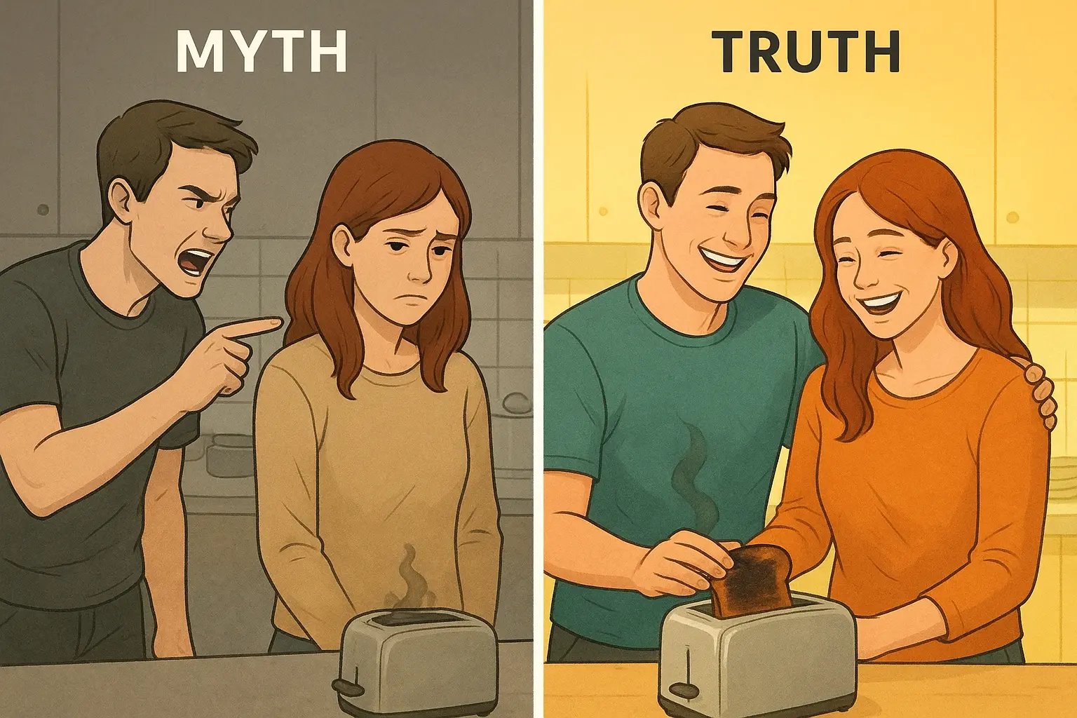 Two panels showing a couple: left panel depicts mocking laughter creating hurt; right panel shows them laughing together with warmth and connection in their kitchen