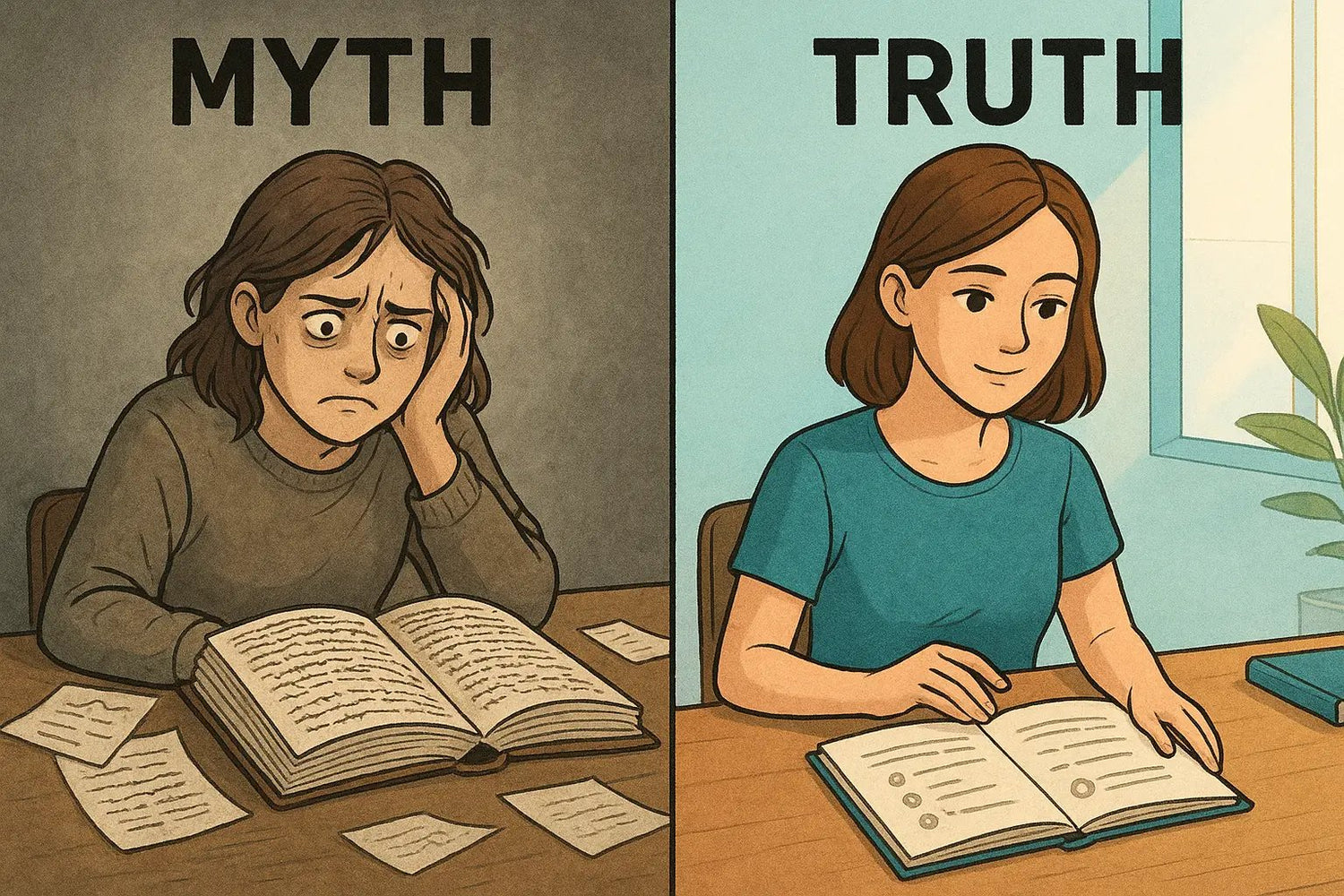 Side-by-side comparison of chaotic note-taking versus organised, concise note-taking for better learning and memory retention.