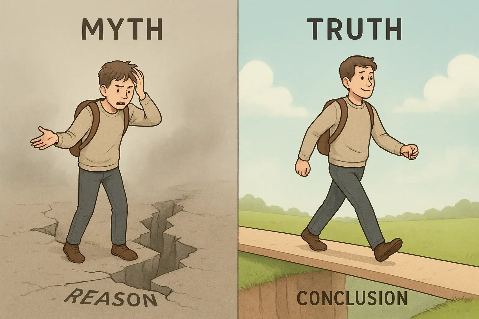A student confidently crossing a solid bridge from reason to conclusion, contrasted with confusion at a broken logical path.