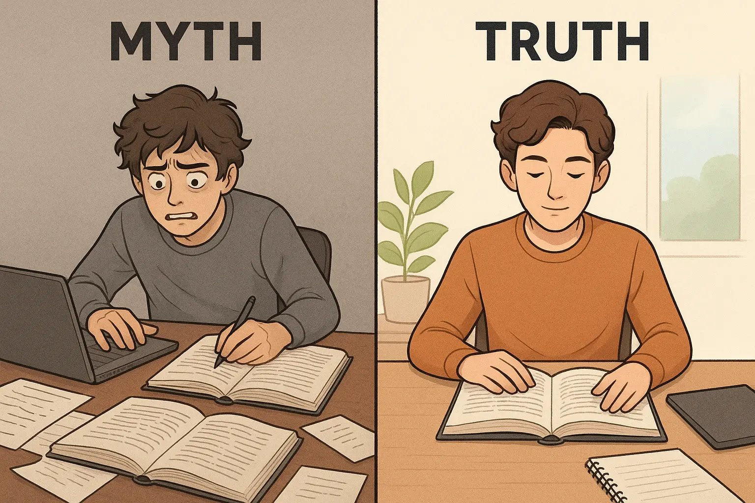 Split scene comparing stressed student multitasking at messy desk versus calm student single-tasking in organised space